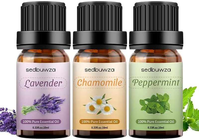 Sedbuwza 3 Pack Lavender Peppermint Chamomile Essential Oil 100% Pure and Natural Aromatherapy Gift Oils for Massage, Diffuser, Soaps, Candle