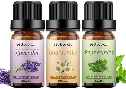 Sedbuwza 3 Pack Lavender Peppermint Chamomile Essential Oil 100% Pure and Natural Aromatherapy Gift Oils for Massage, Diffuser, Soaps, Candle