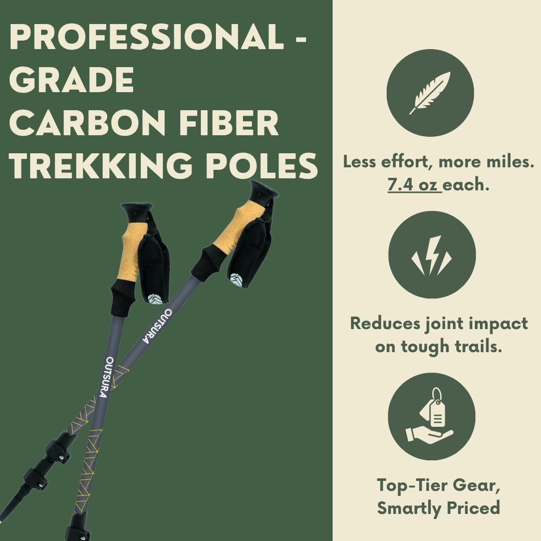 Outsura Carbon Fiber Hiking Stick 2 Pack – Professional Grade, Collapsible Trekking & Walking Sticks for Hiking