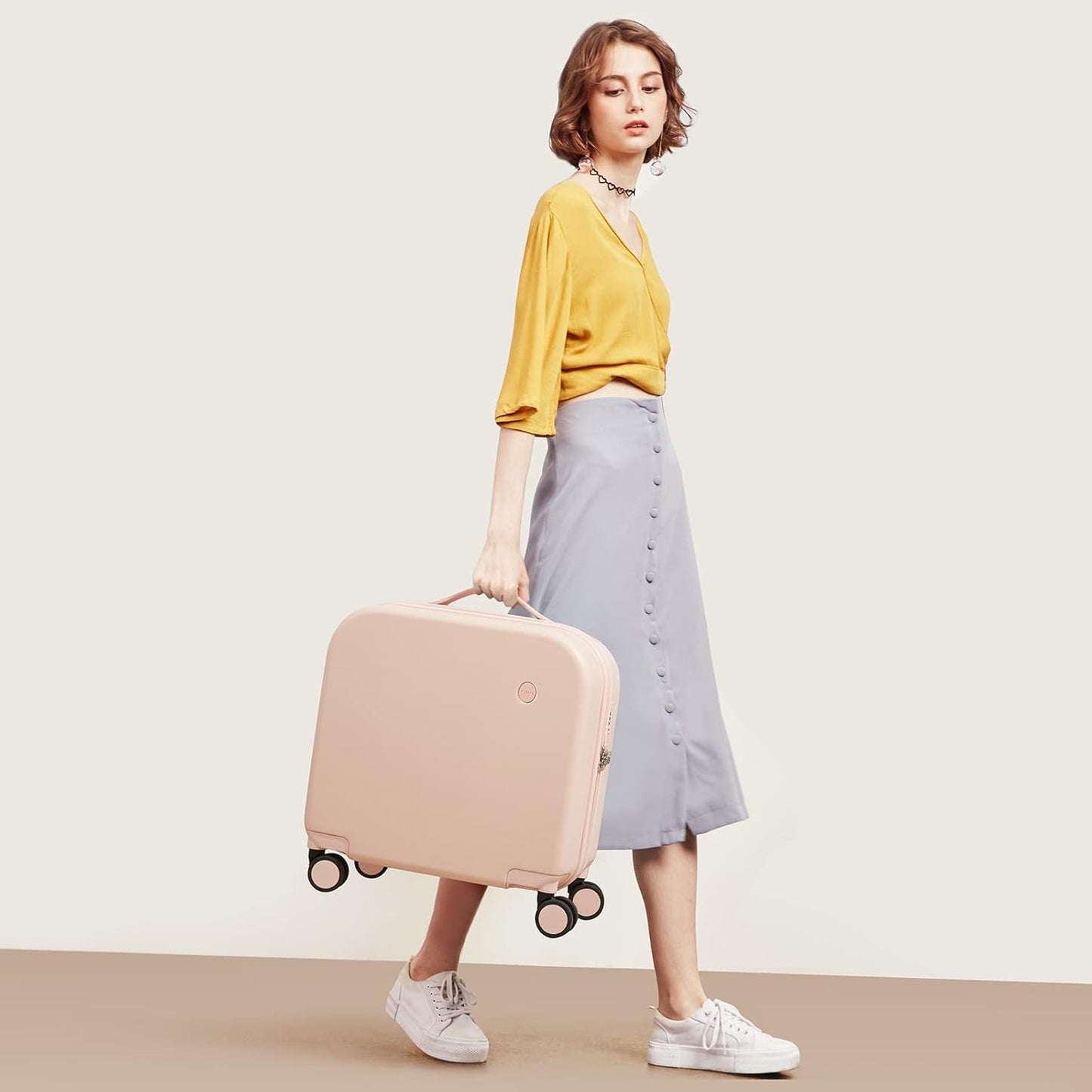 mixi Carry on Luggage, Suitcase with Spinner Wheels 16in Luggage Hardshell Lightweight Rolling Suitcases PC with Cover & TSA Lock, Pink