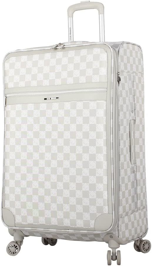 Steve Madden Designer Luggage - Checked Large 28 Inch Softside Suitcase - Expandable for Extra Packing Capacity - Lightweight Bag with Rolling Spinner Wheels (Chalet Light Grey, 28in)