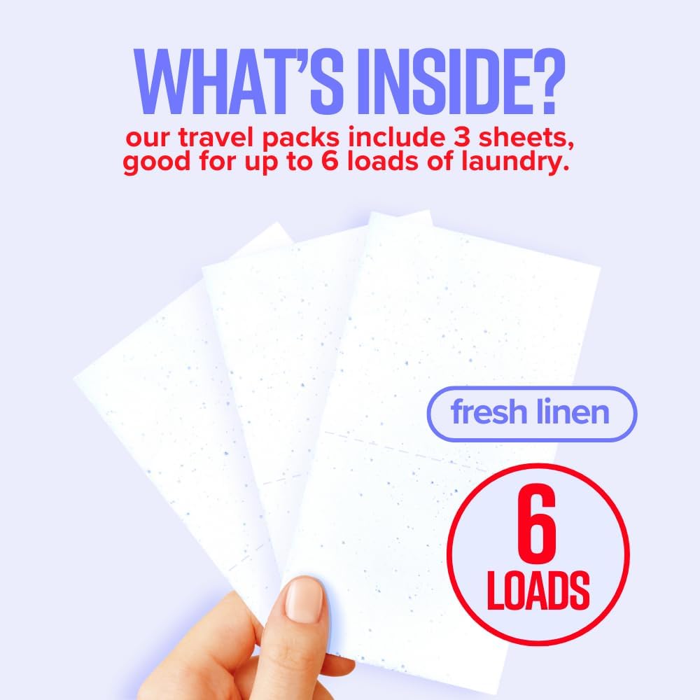 STRIPS Laundry Detergent Sheets Fresh Linen Travel Pack (3ct, 6 loads) Eco Liquidless Soap, Travel-Friendly, Dissolves in Hot & Cold, Hypoallergenic, Tackles Tough Stains & Odors