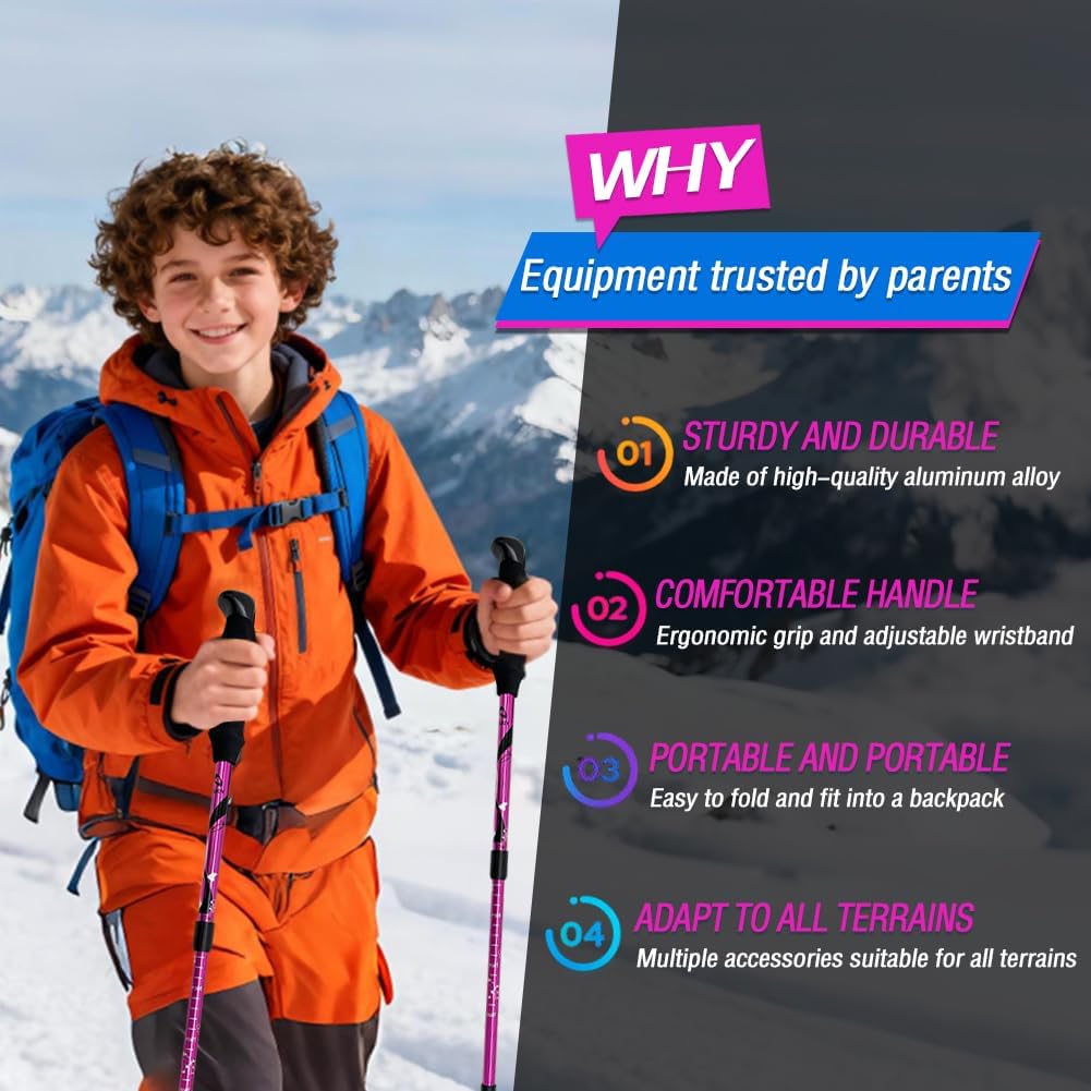 Hiking Trekking Poles, 2 Pack Anti Shock, Adjustable, Collapsible Hiking Poles for Trekking or Walking, Lightweight Aluminum Sticks for Children