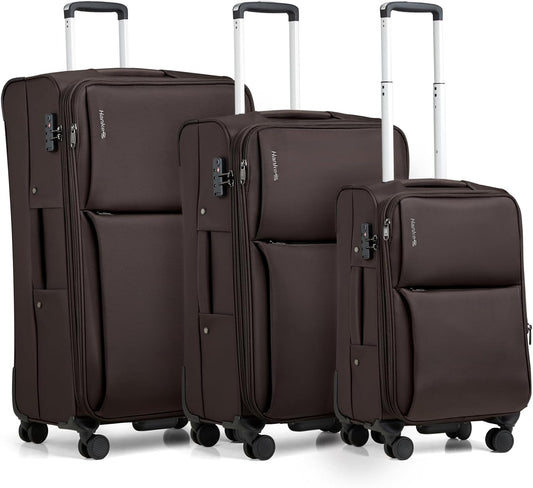 Hanke 3 Piece Luggage Sets Softside Expandable Carry On Luggage Set Travel Suitcase Sets with Spinner Wheels TSA Approved Luggage(Coffee, 20in/24in/28in)