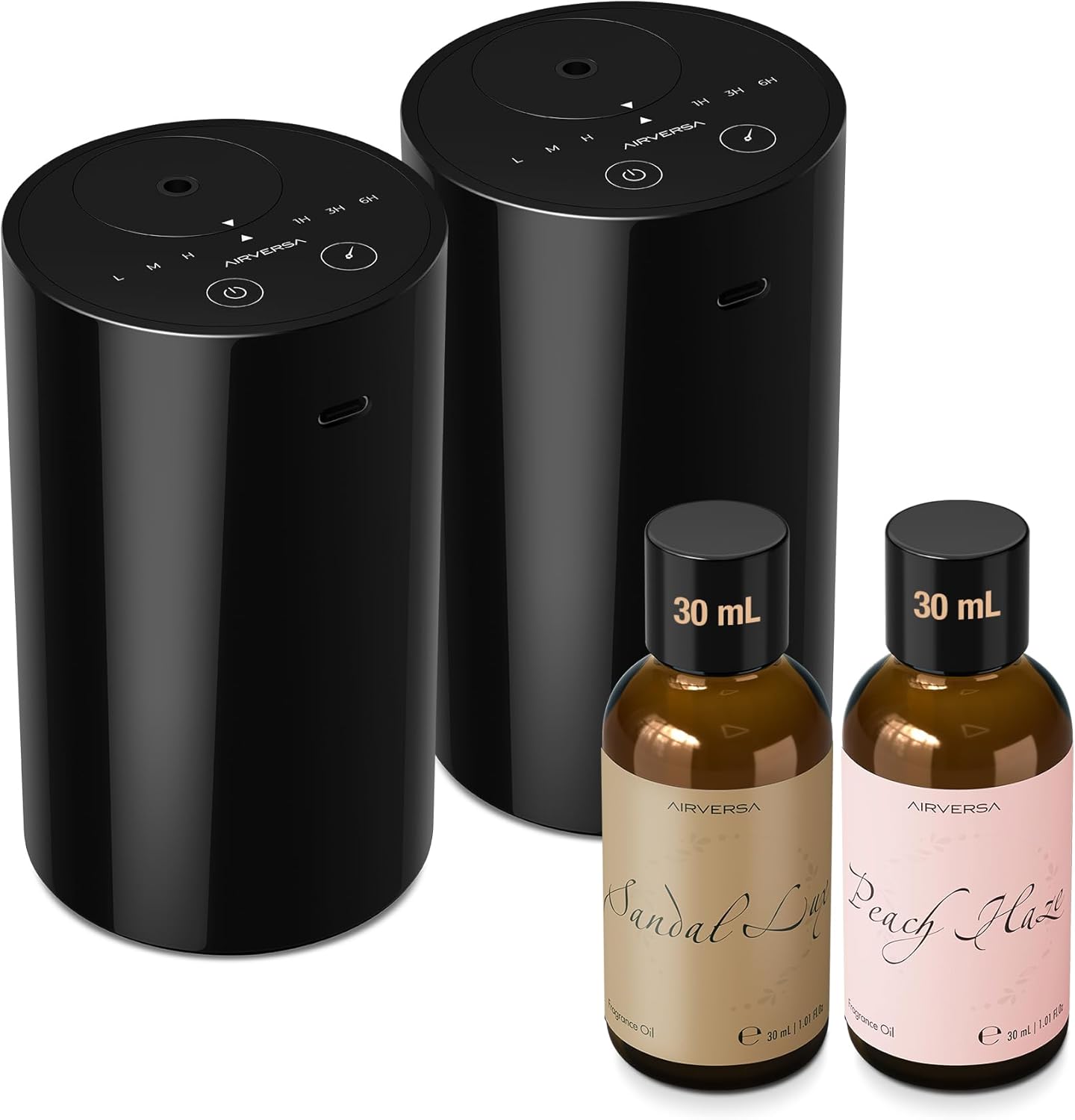 Airversa Waterless Essential Oil Diffuser Starter Kit with 2 x 30mL Fragrance Oil, Battery Operated Mini Scent Air Machine Portable Diffuser for Home Car Office Room, Black AN8 2Packs Kit