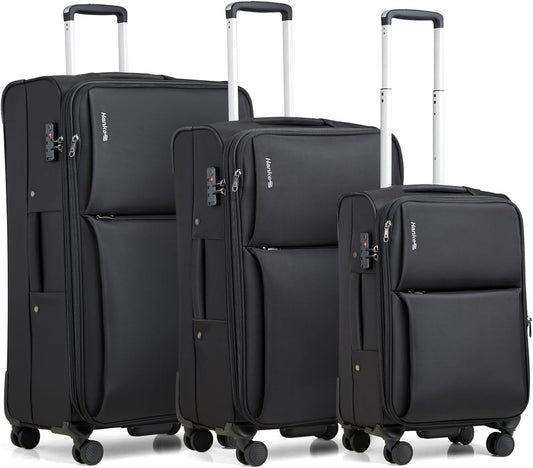 Hanke 3 Piece Luggage Sets Softside Expandable Carry On Luggage Set Travel Suitcase Sets with Spinner Wheels TSA Approved Luggage(Black, 20in/24in/28in)