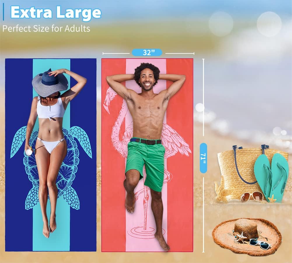2 Pack Microfiber Lightweight Beach Towel 71"x32" Oversized Extra Large Thin Sand Free Towels Travel Swim Pool Yoga Gym Camping for Adults Women Men Beach Essentials Accessories Vacation Gift