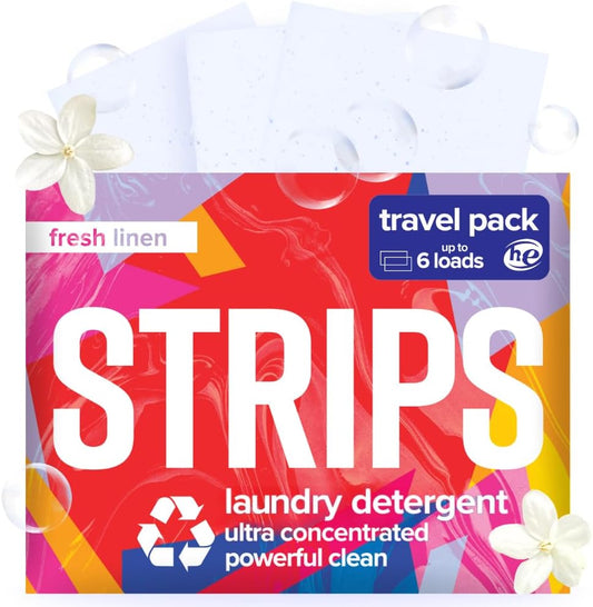 STRIPS Laundry Detergent Sheets Fresh Linen Travel Pack (3ct, 6 loads) Eco Liquidless Soap, Travel-Friendly, Dissolves in Hot & Cold, Hypoallergenic, Tackles Tough Stains & Odors