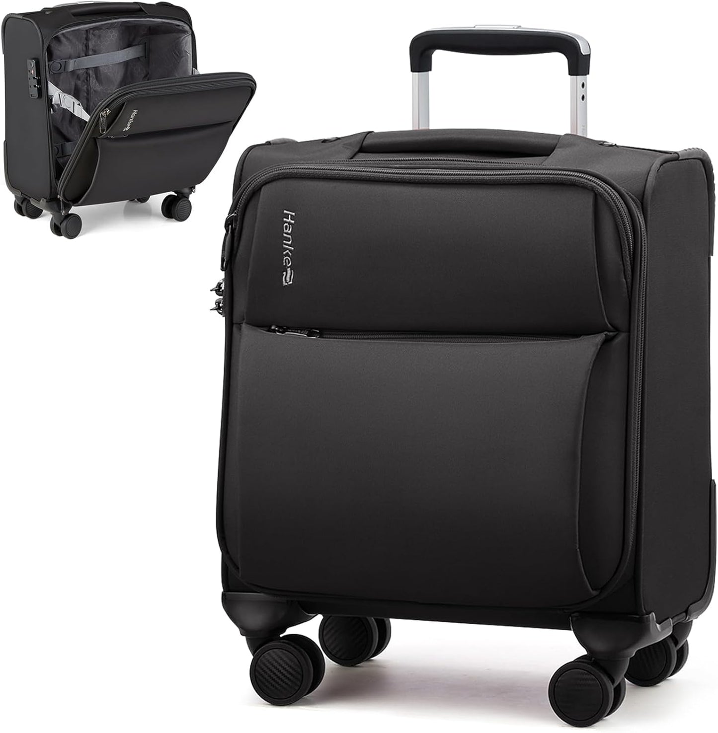 Hanke Underseat Carry On Luggage with Wheels, Spinner Small Suitcase, 16-Inch Rolling Under Seat Luggage, Softside Lightweight Carry On Bag for Airplane TSA Travel Personal Item, Black