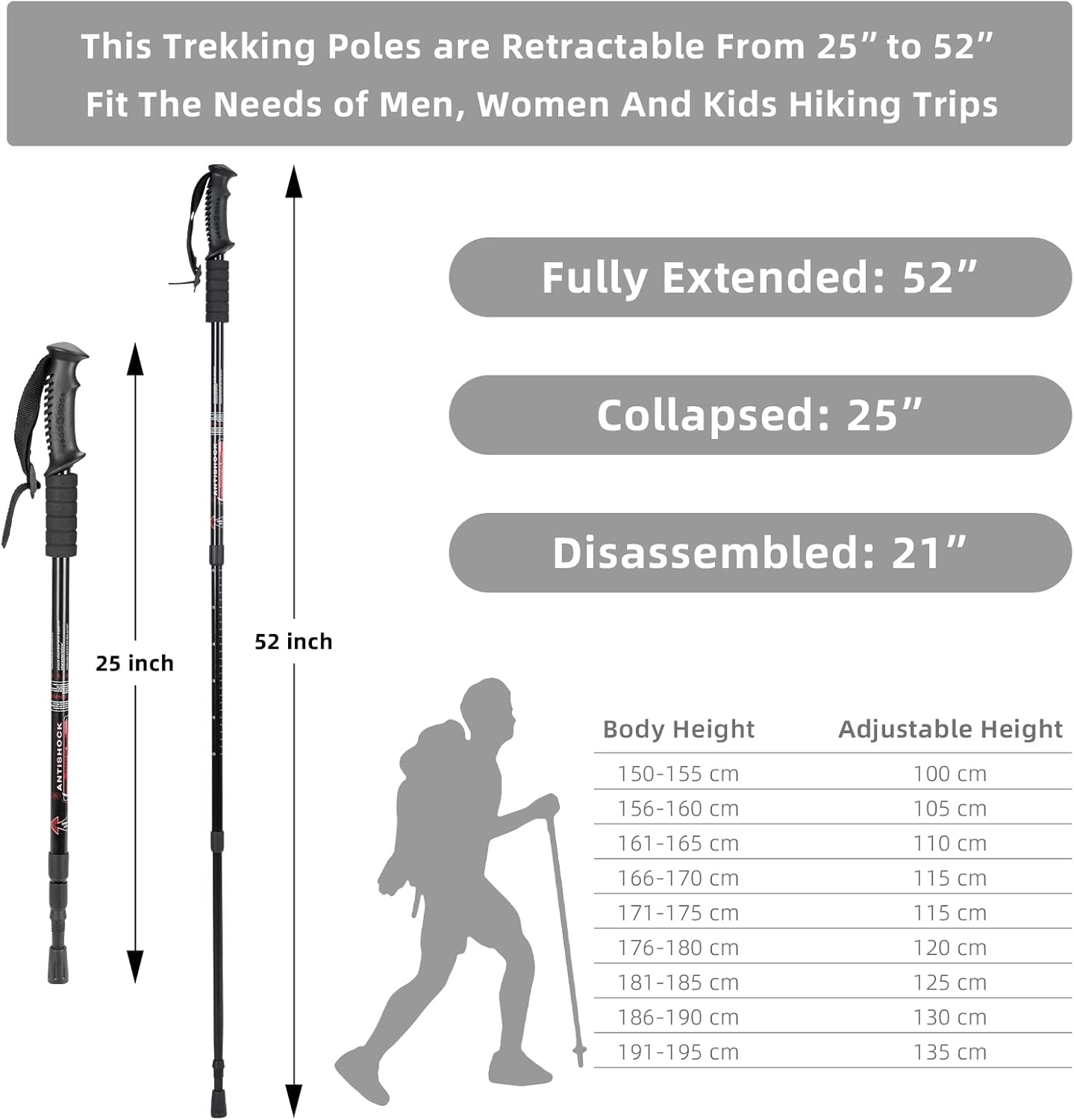 Aihoye Hiking Trekking Poles, 2 Pack Collapsible, Lightweight, Anti Shock, Walking Sticks, Adjustable Hiking Pole for Men and Women