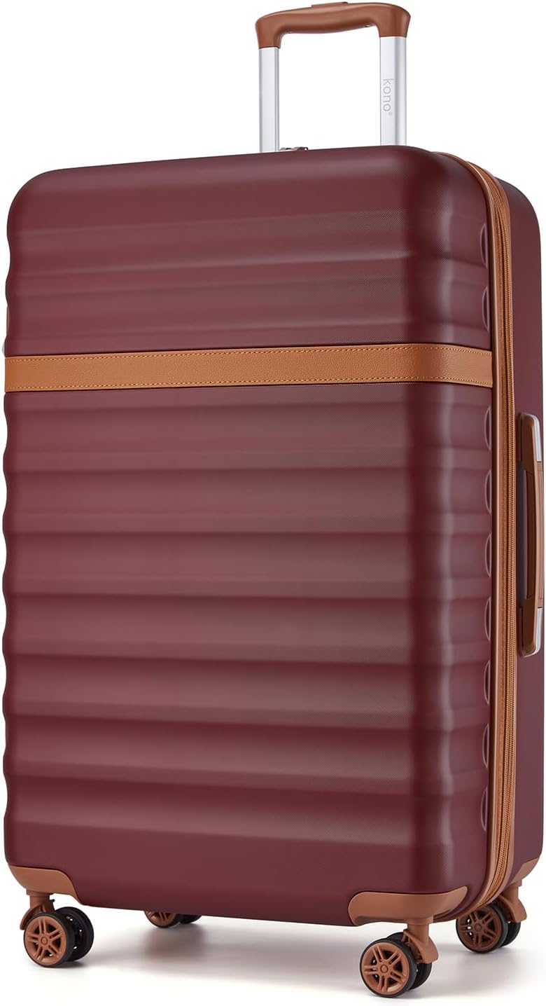 Kono Expandable 28 Inch Large Checked Luggage: ABS+PC Hardside Trolley Travel Case - Hard Shell Suitcase with TSA Lock, Burgundy