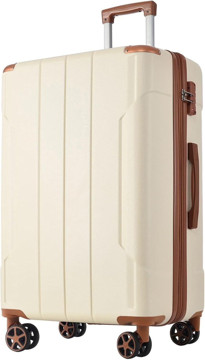 24-inch Expandable Hardshell Checked Luggage with TSA Lock, Durable ABS Suitcase with 360° Silent Dual Wheels, 25% Extra Packing Space, Telescopic Handle, 8 LBS Lightweight, Light Brown