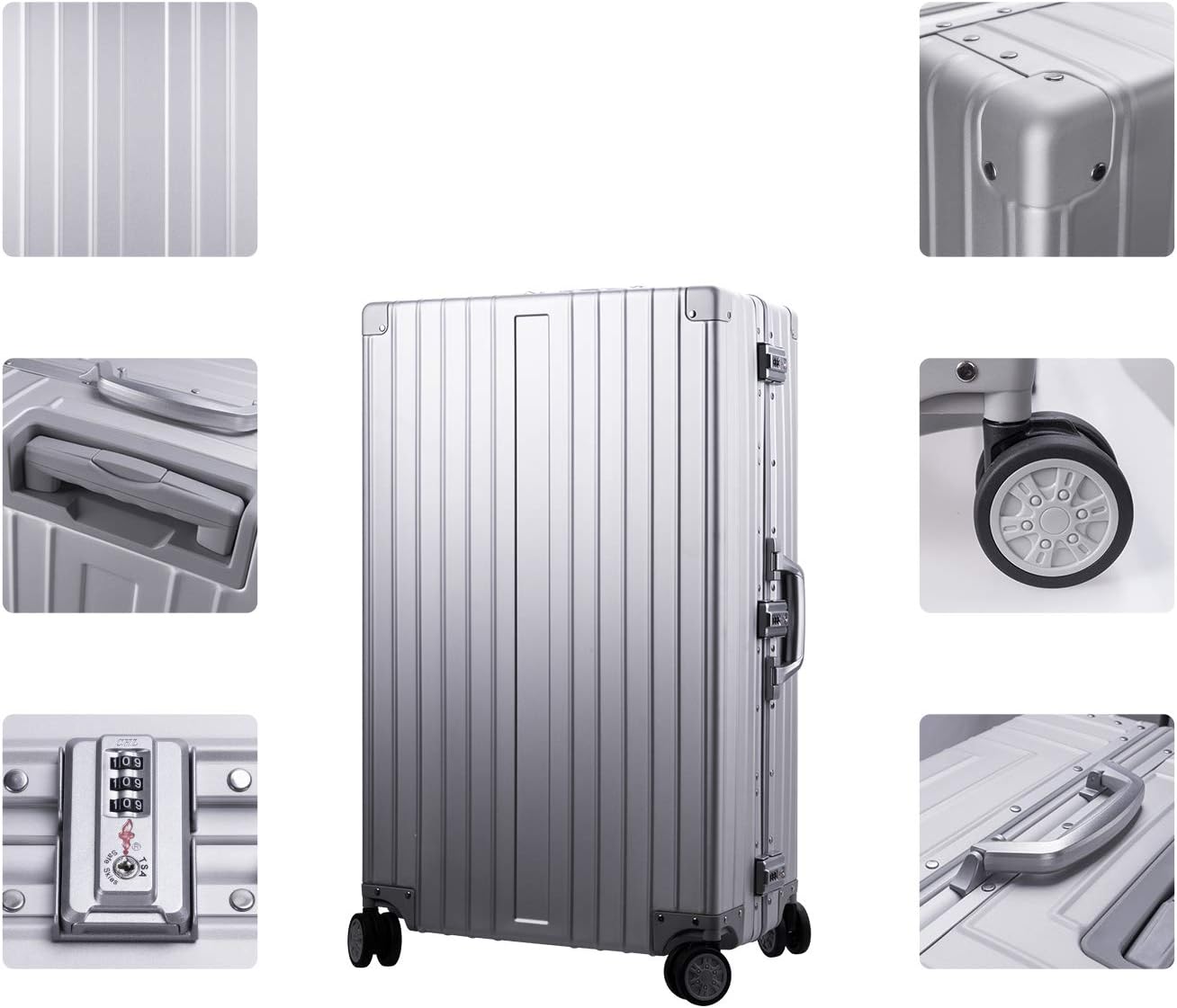 TRAVELKING All Aluminum Luggage Zipperless Hard Shell Luggage Case with TSA Lock Spinner Alloy Metal Suitcase (Silver, 28")