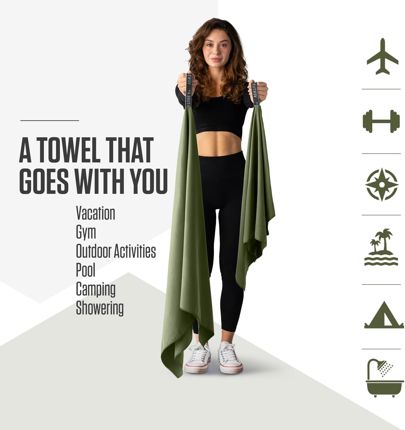VENTURE 4TH Quick Dry Towel. Microfiber Travel Towel Ideal for Camping, Hiking, Backpacking, Gym. Lightweight & Fast Drying Travel Towels for Body. Compact & Easy to Pack - Army Green Medium