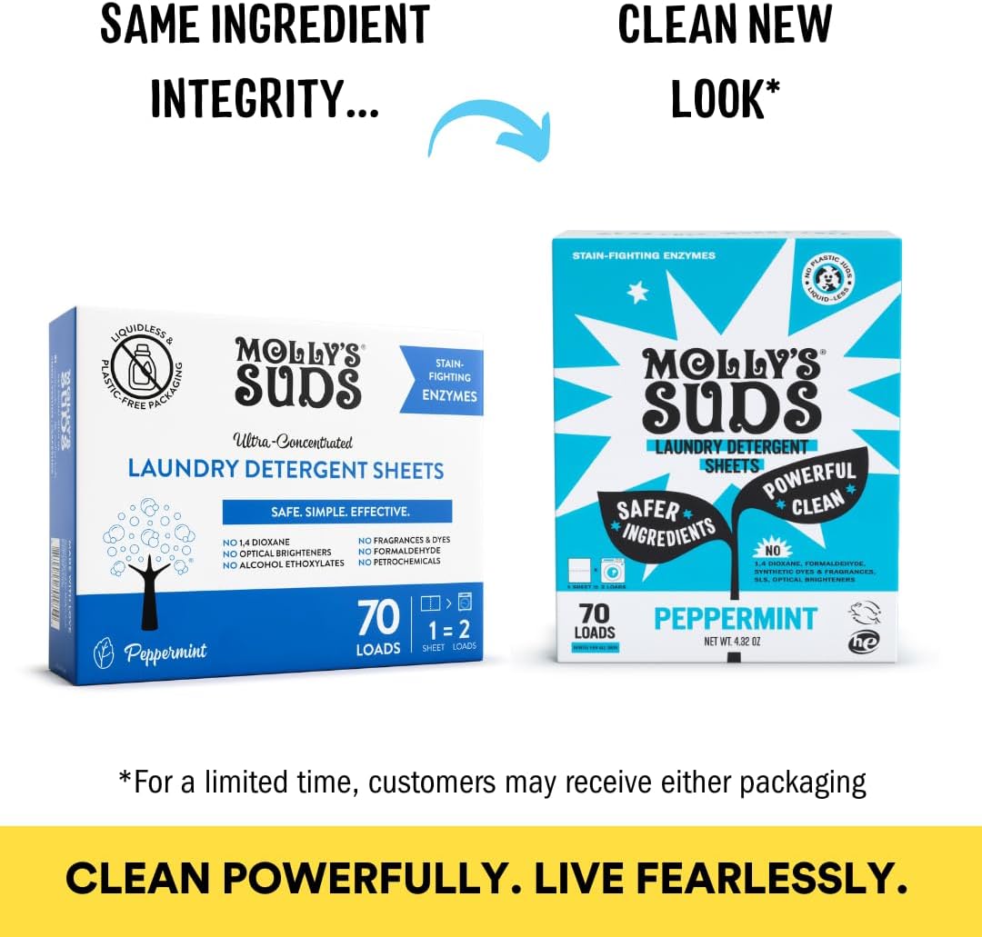 Molly’s Suds Laundry Detergent Sheets | Gentle on Sensitive Skin, Powerful Bio-Based Enzymes, Stain-Fighting | Liquidless & Plastic-Free Packaging | 120 Loads (Peppermint)