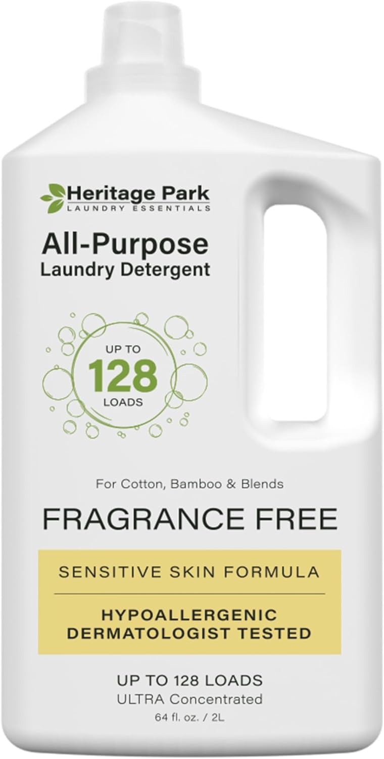 Heritage Park Luxury Laundry Detergent | Dermatologist Tested Plant based Natural & Enzyme Laundry Detergent | Sensitive Skin Friendly - Fragrance Free (64 fl oz)
