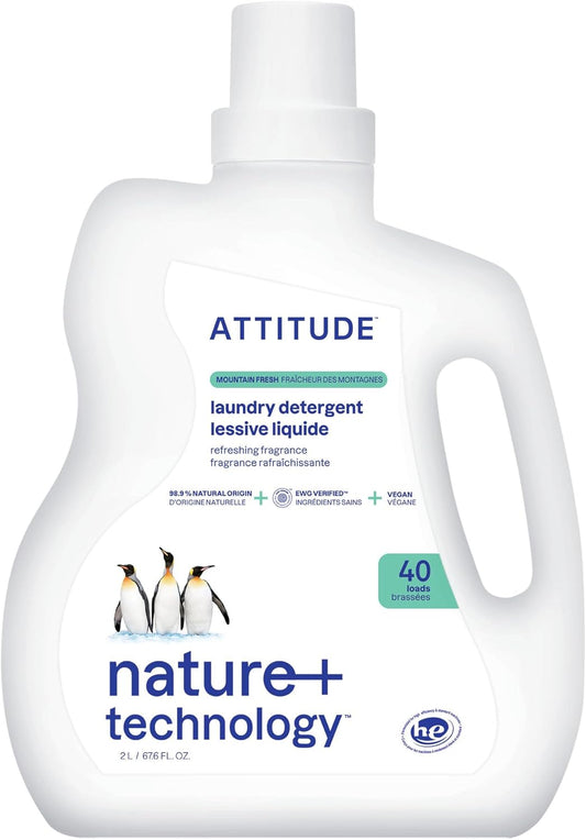 ATTITUDE Liquid Laundry Detergent, EWG Verified, HE Compatible, Plant-Based & Vegan, Natural Laundry Soap, Mountain Fresh Scent, 40 Loads, 67.6 Fl Oz