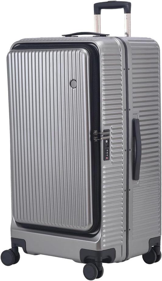 29 Inch Aluminum Checked Luggage with Side Opening Zipper, 40 * 37 * 77cm, 113L, Lightweight Hardshell ABS+PC Suitcase with TSA Lock, 360° Universal Wheels, Dark Gray