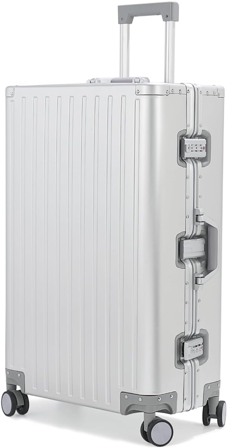 28-inch Aluminum Checked Suitcase: Silver - Full Metal Shell - Crush-Resistant & Burst-Proof, TSA Lock & Spinner Wheels for Business Travel - Men Women
