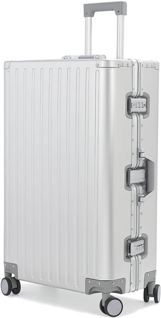 28-inch Aluminum Checked Suitcase: Silver - Full Metal Shell - Crush-Resistant & Burst-Proof, TSA Lock & Spinner Wheels for Business Travel - Men Women