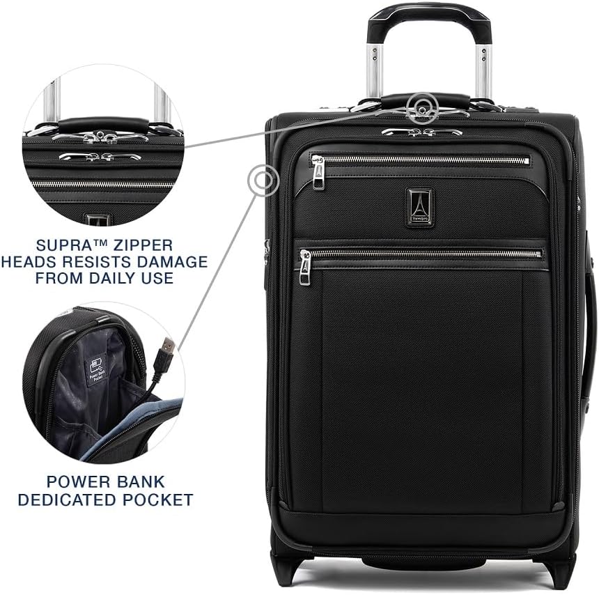 Travelpro Platinum Elite Softside Expandable Carry on Luggage, 2 Wheel Upright Suitcase, USB Port, Men and Women, Shadow Black, Carry On 22-Inch