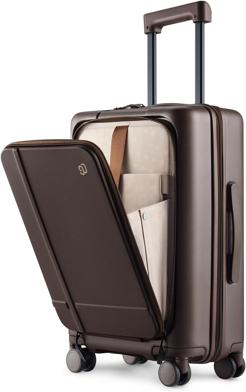 NINETYGO Carry On Luggage 22x14x9 Airline Approved, 20 Inch Suitcase with Front Compartment & Cup Holder, Coffee-Infused PC Hard Shell, Eco-Friendly, TSA Lock, 360° Spinner Wheels (Americaco)
