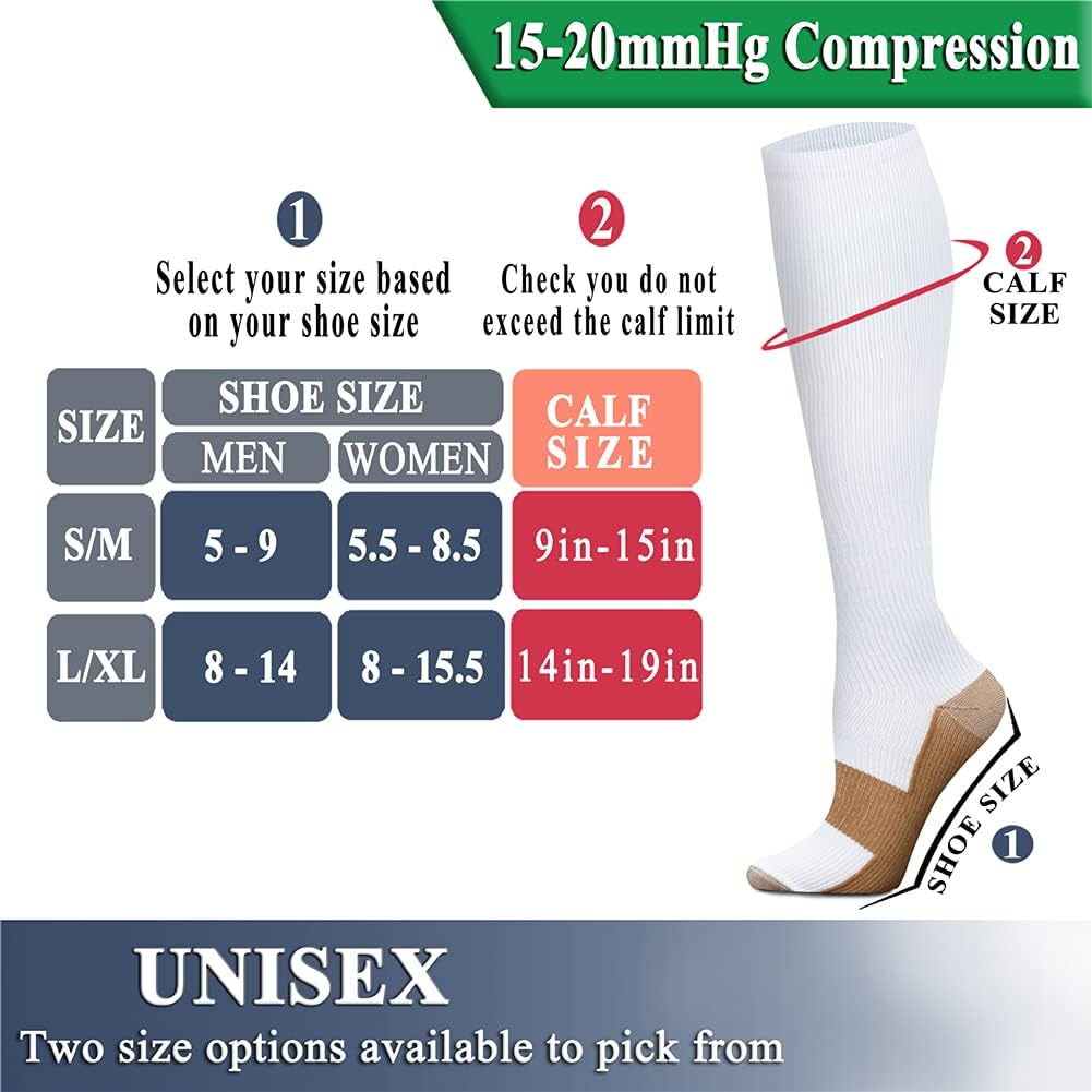 QUXIANG Copper Compression Socks for Women & Men Circulation (8 Pairs) - Best for Running Athletic Cycling - 15-20 mmHg