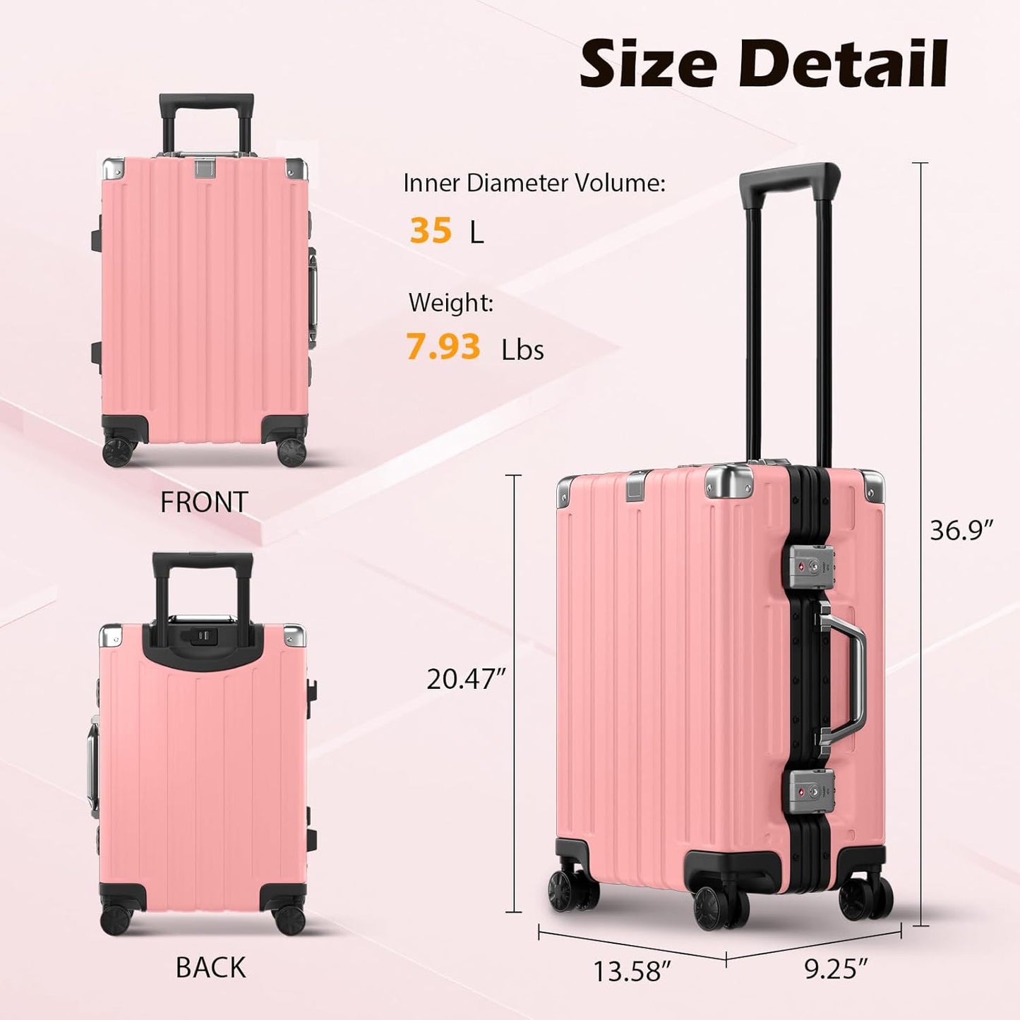 Krute Aluminum Frame Carry On Luggage 20 Inch Zipperless Luggages USB Charger Hardside PC Suitcase With Spinner Wheels Airline Approved Hard Shell Suitcases with TSA Lock (1 Piece)