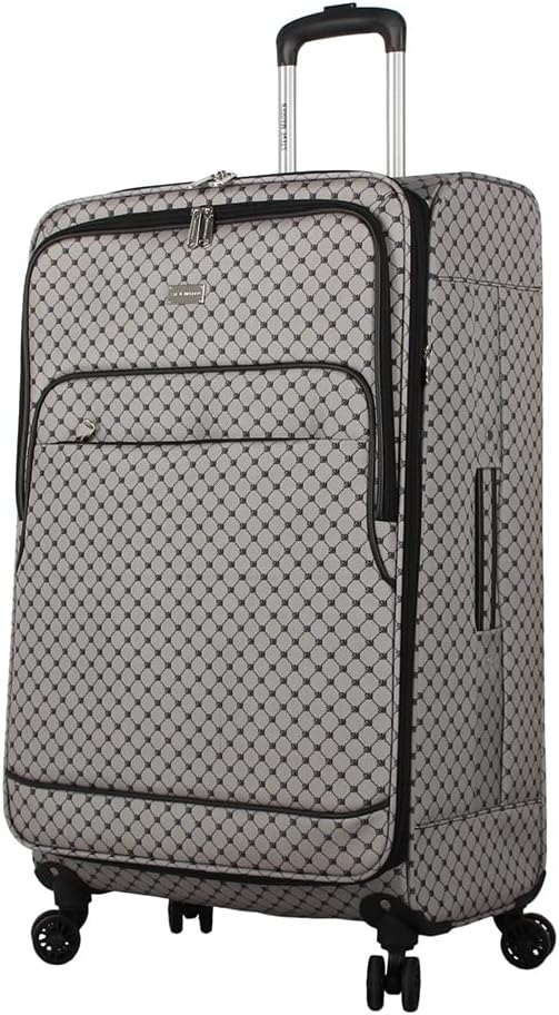 Steve Madden Designer Luggage - Checked Large 28 Inch Softside Suitcase - Expandable for Extra Packing Capacity - Lightweight Bag with Rolling Spinner Wheels (Noble Black/Grey, 28in)