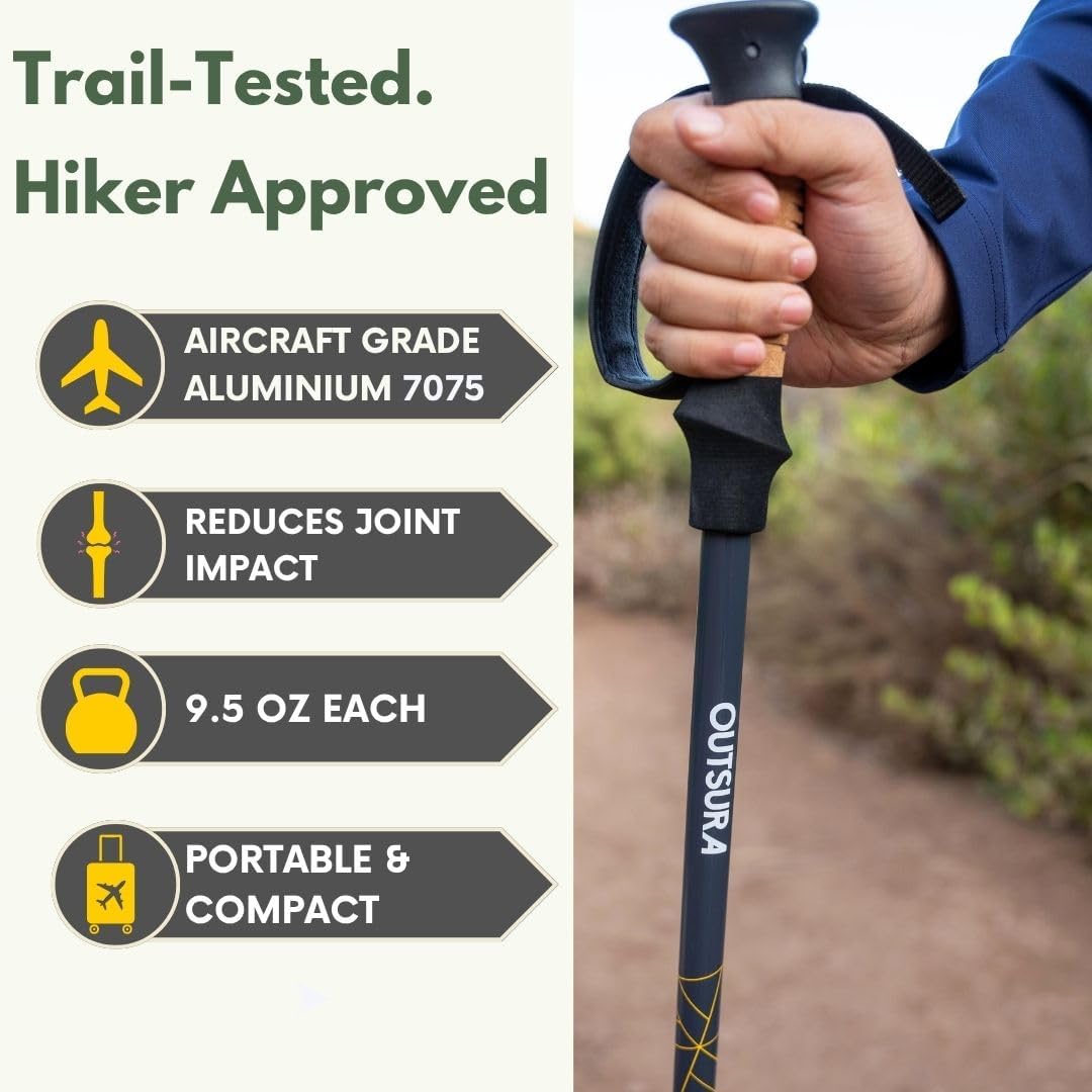 Outsura Trekking Poles for Hiking Collapsible Lightweight Aircraft Graded Aluminum Hiking Poles with Cork Grip & Quick Lock, Pair of 2 Walking Sticks for Seniors Trail & Backpacking