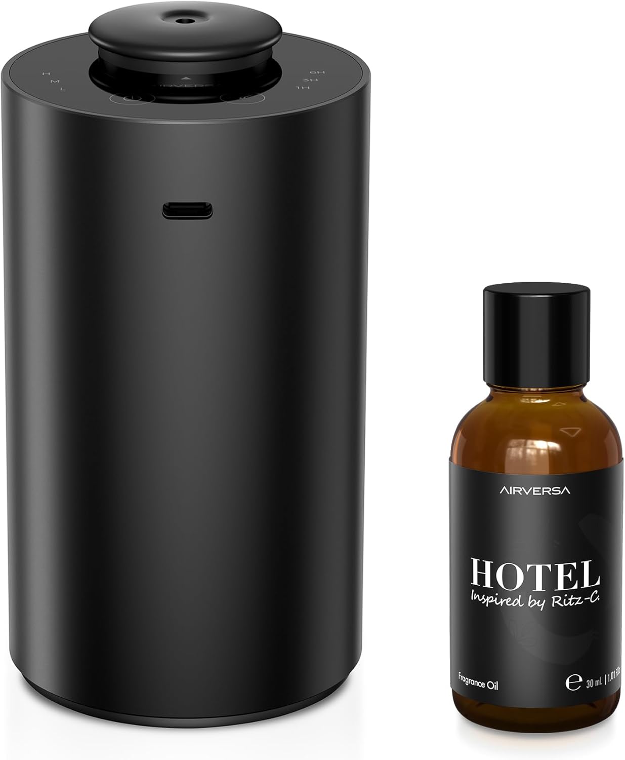 Waterless Essential Oil Diffuser Starter Kit with 30mL Hotel Scent Fragrance Oil Inspired by Ritz-C., Battery Operated Premium Portable Mini Scent Air Machine for Home Car Office, Black ANX