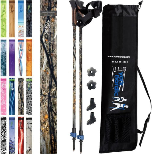 Official Nordic Walking Poles - True Classic Nordic Glove Grips, Lightweight, Adjustable, and Collapsible -2 Pieces w/flip Locks, Detachable Feet and Travel Bag by York Nordic - Heights 5'4"-6'2"