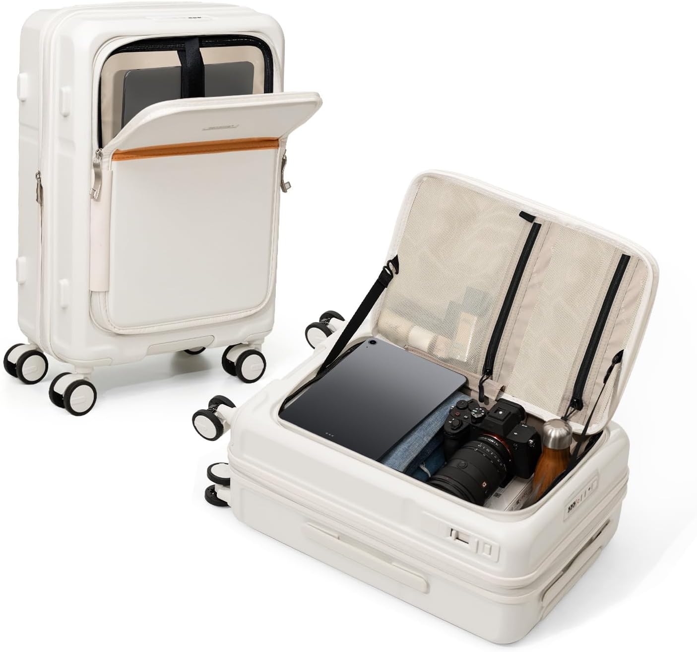 ROAMING Expandable 28-Inch Checked Luggage with Mute Brake Wheels Airline Approved Hard Shell Suitcases with Front Pocket Top Opening Luggage with TSA Lock for Short Business Travel, Beech white