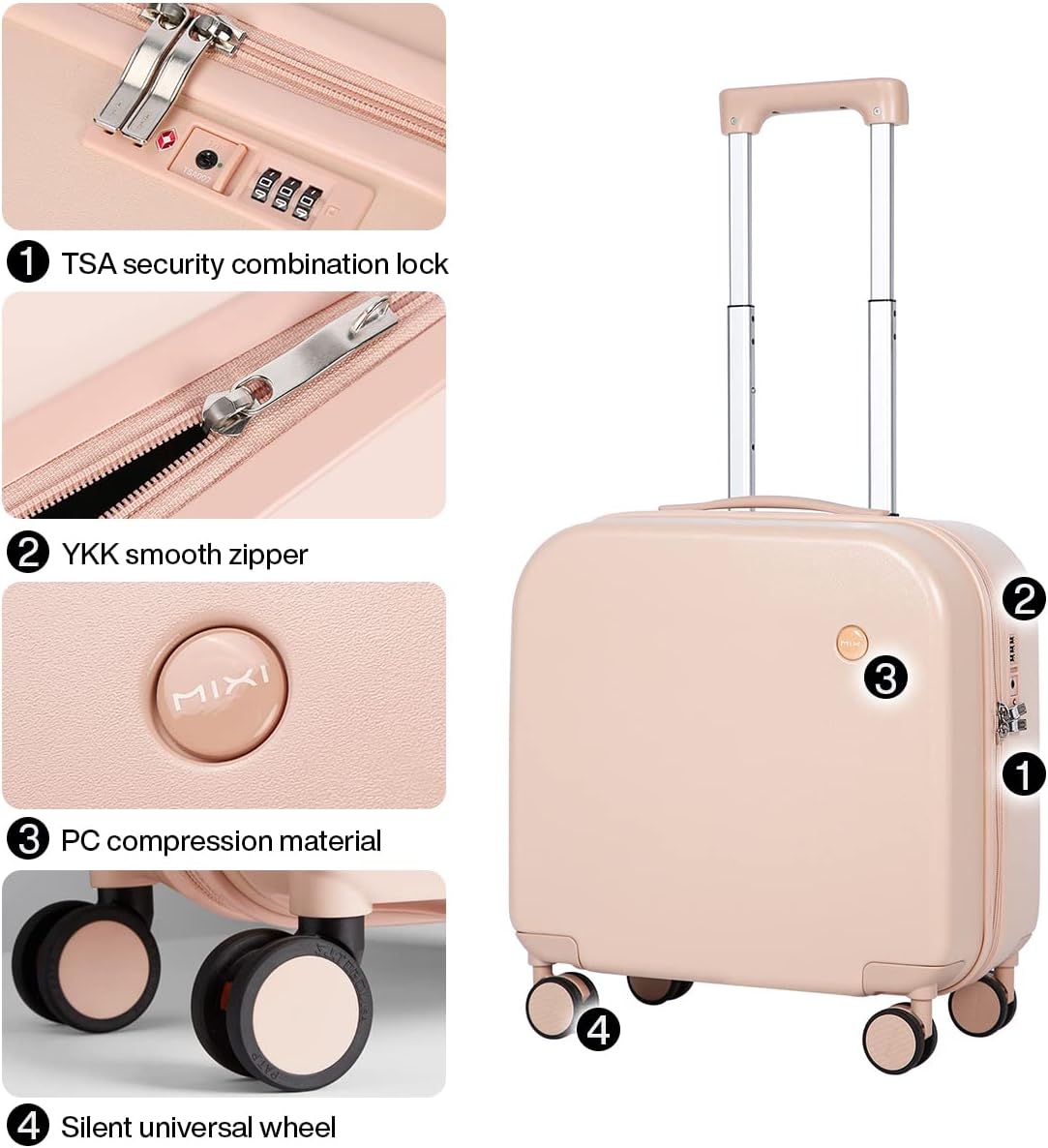mixi Carry on Luggage, Suitcase with Spinner Wheels 16in Luggage Hardshell Lightweight Rolling Suitcases PC with Cover & TSA Lock, Pink