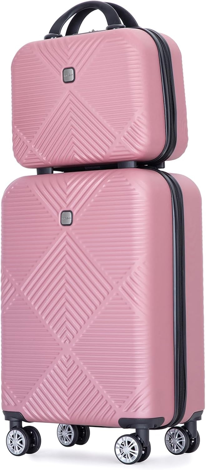 2 Piece Carry on Luggage Set, Airline Approved 20 Inch Luggage with Cosmetic Case Hard Shell Suitcase with Spinner Wheels, Rose Pink