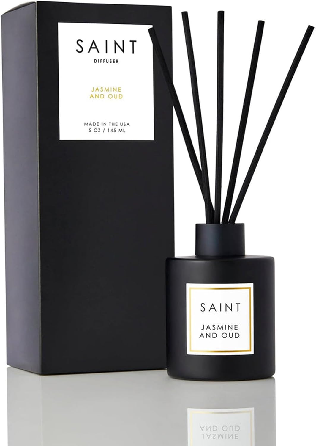 SAINT Reed Diffuser, Aromatherapy Diffuser Set with Scent Diffuser Sticks, Long-Lasting Oil Diffuser in Matte Black Glass Jar, Aroma Diffuser for Home, Bedroom, or Bathroom, 5oz, Jasmine and Oud