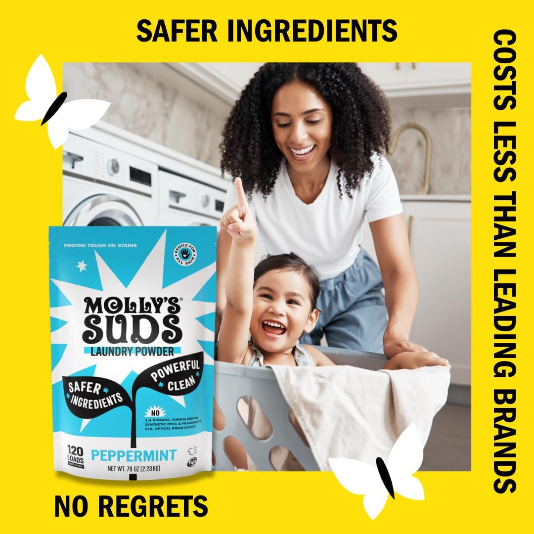 Molly's Suds Original Laundry Detergent Powder | Clean Laundry Detergent Powder for Sensitive Skin | Simple, Effective Ingredients, Stain Fighting | 120 Load (Peppermint)
