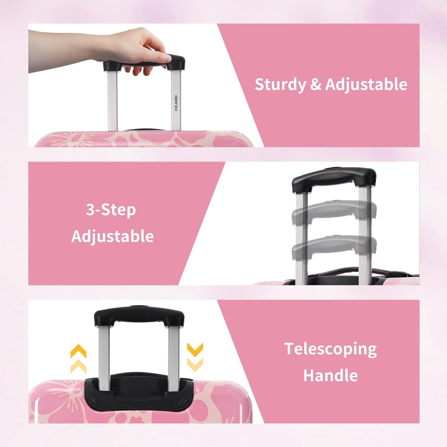 Merax Luggage Sets 3 Piece, Hardside Suitcase Set with Spinner Wheels, Lightweight Printing Luggage Carry on,20+24+28 IN,Pink