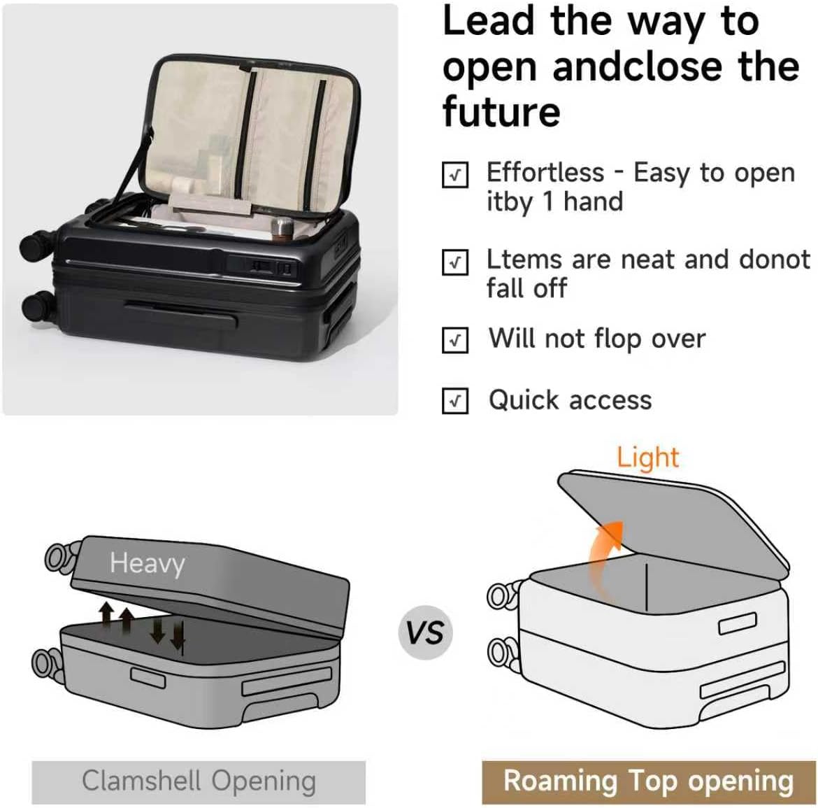 ROAMING Expandable 20 Inch Carry On Luggage with Mute Brake Wheels Airline Approved Hard Shell Suitcases with Front Pocket Top Opening Luggage with TSA Lock for Short Business Travel, Black