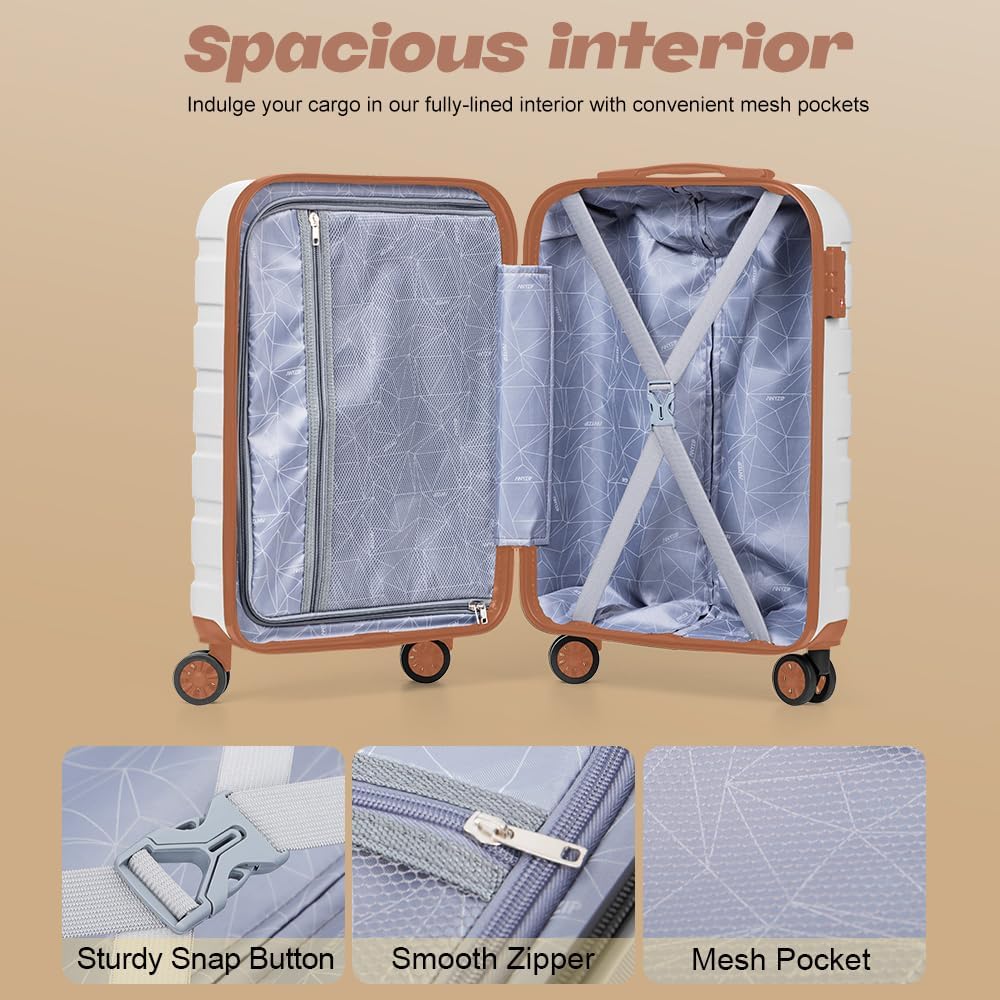 AnyZip Luggage Set 5 Piece PC ABS Hardshell Lightweight Suitcases for Travelling with 4 Universal Wheels TSA Lock Carry on Suitcase White Brown