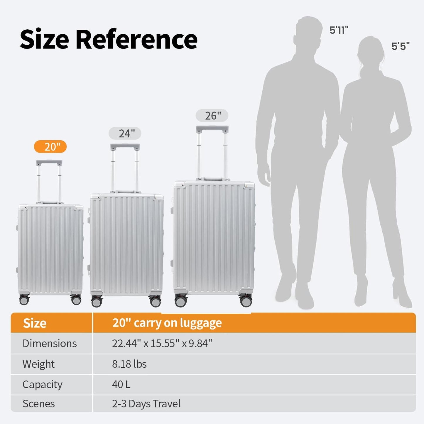 Carry On Luggage 22x14x9 Airline Approved, Zipperless Luggage Carry On, Hard Shell Suitcases with TSA Lock, Lightweight Carry On Suitcases with Aluminum Frame (silver, 20inch)