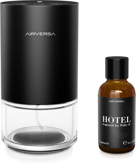 Waterless Essential Oil Diffuser Starter Kit with 30mL Hotel Scent Fragrance Oils Inspired of Ritz-C., Battery Operated Mini Scent Air Machine Portable Diffuser for Home Car Office, Black AN9