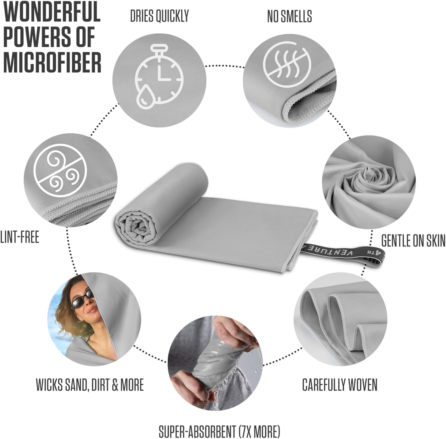 VENTURE 4TH Quick Dry Towel. Microfiber Travel Towel Ideal for Camping, Hiking, Backpacking, Gym. Lightweight & Fast Drying Travel Towels for Body. Compact & Easy to Pack - Light Gray Extra Large