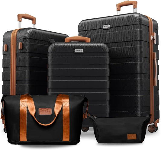 AnyZip Luggage Set 5 Piece PC ABS Hardshell Lightweight Suitcases for Travelling with 4 Universal Wheels TSA Lock Carry on Suitcase Black Brown