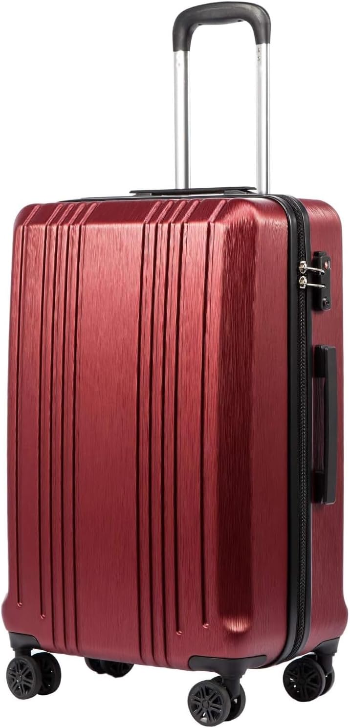 Coolife Luggage PC+ABS Hardshell Suitcase with TSA Lock, Spinner Checked Lightweight (wine red, M(24IN))