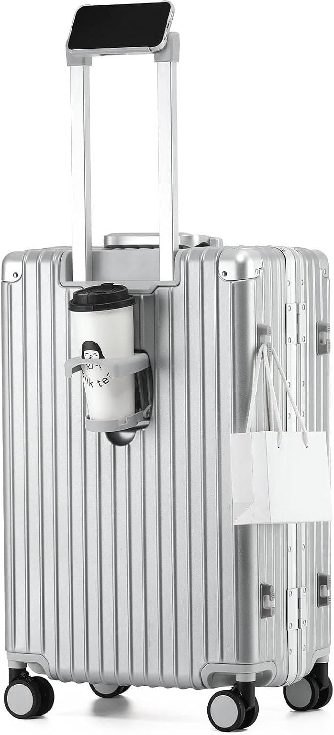 24 Inch Aluminum Frame Checked Travel Luggage with Spinner Wheels,Zipperless Hard Shell Suitcases with TSA Approved USB Port,Cup & Phone Holder for Women Men,Silver