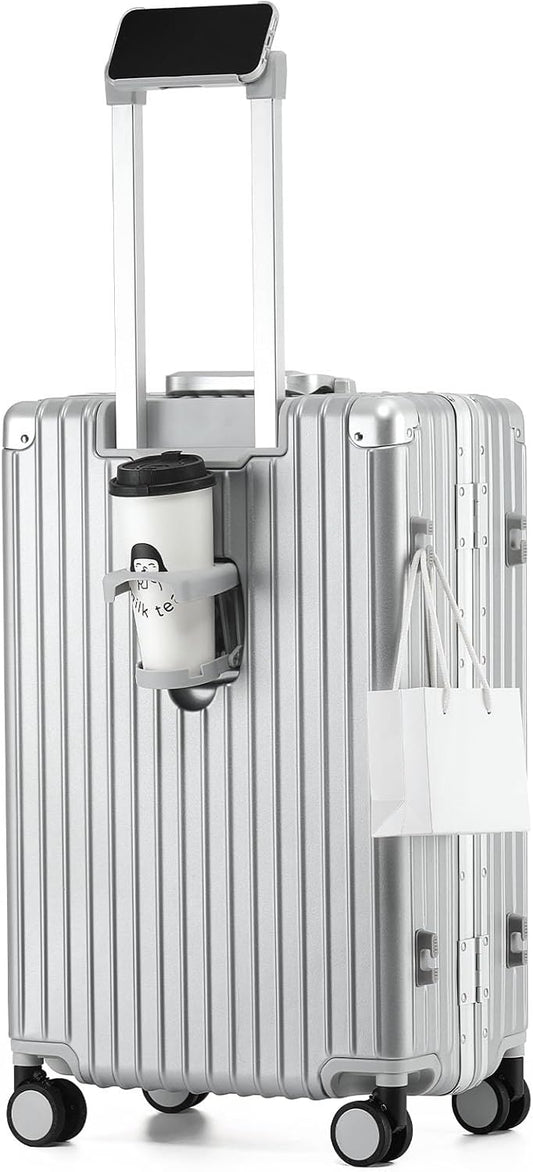 24 Inch Aluminum Frame Checked Travel Luggage with Spinner Wheels,Zipperless Hard Shell Suitcases with TSA Approved USB Port,Cup & Phone Holder for Women Men,Silver