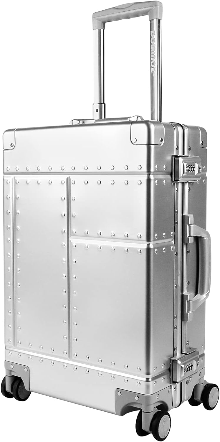 DOMINOX All Aluminum Carry On Luggage Hard Shell Luggage Aluminum Suitcase for Travel Zipperless Luggage Checked Luggage with Silent 360° Spinner Wheels 20 In. (Industry Style, Sliver)