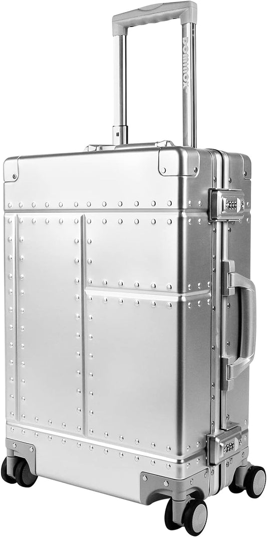 DOMINOX All Aluminum Carry On Luggage Hard Shell Luggage Aluminum Suitcase for Travel Zipperless Luggage Checked Luggage with Silent 360° Spinner Wheels 20 In. (Industry Style, Sliver)