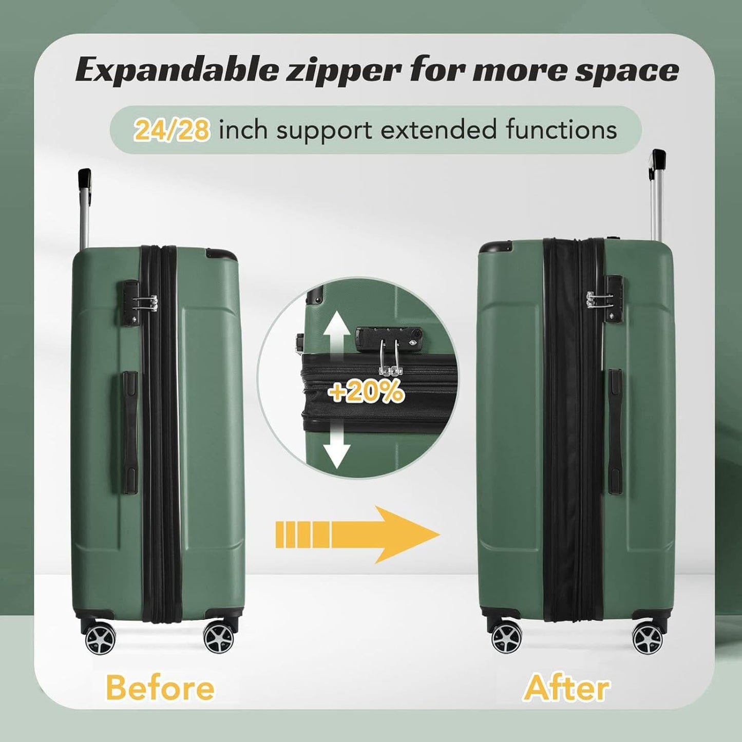 Merax 24 Inch Expandable Checked Luggage, Hardshell ABS Medium Suitcase with Spinner Wheels, TSA Lock, Lightweight Durable Travel Suitcase for Men Women(Green)